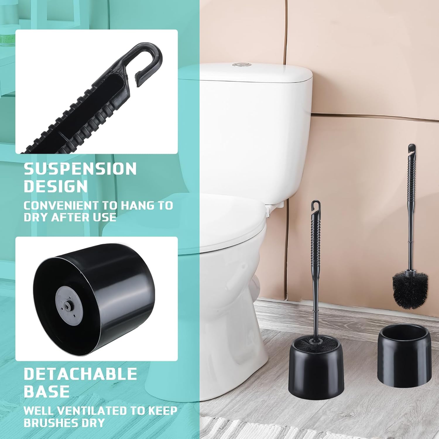 Roshtia 6-Piece Toilet Brush Set with Holder and Caddy Black