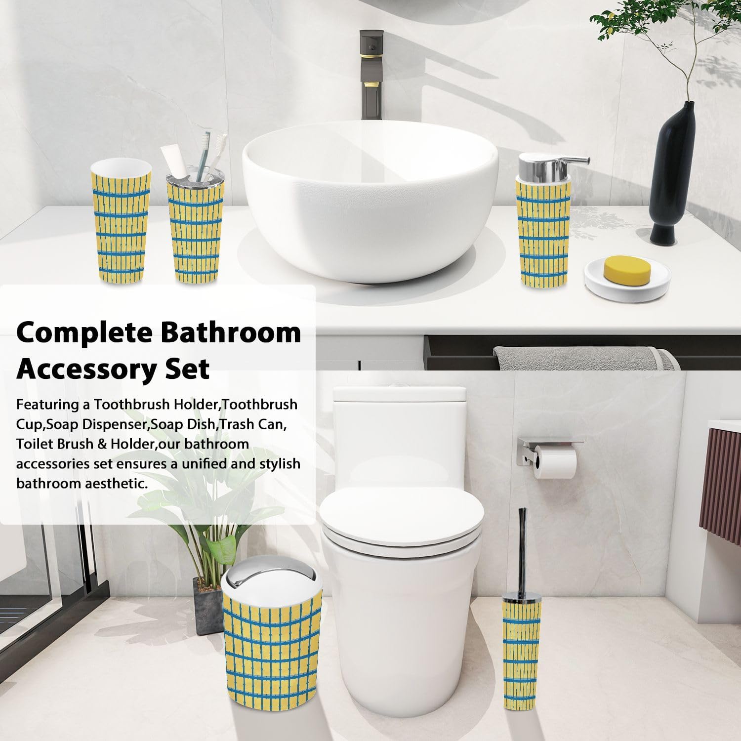 Boho Bathroom Accessory Set 6 Piece Yellow Blue