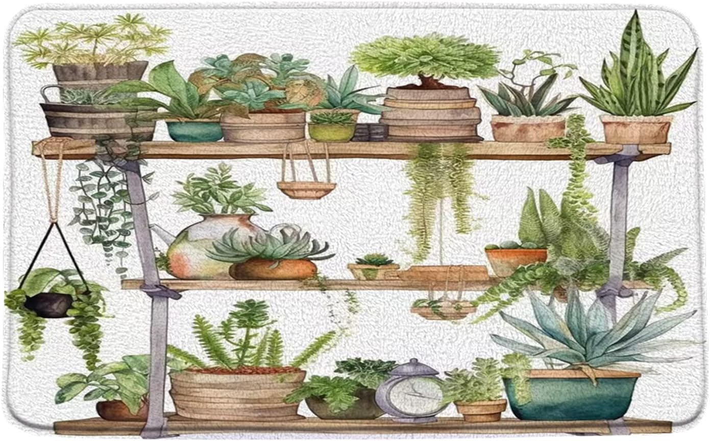 Boho Green Plant Bathroom Rug with Succulents Design