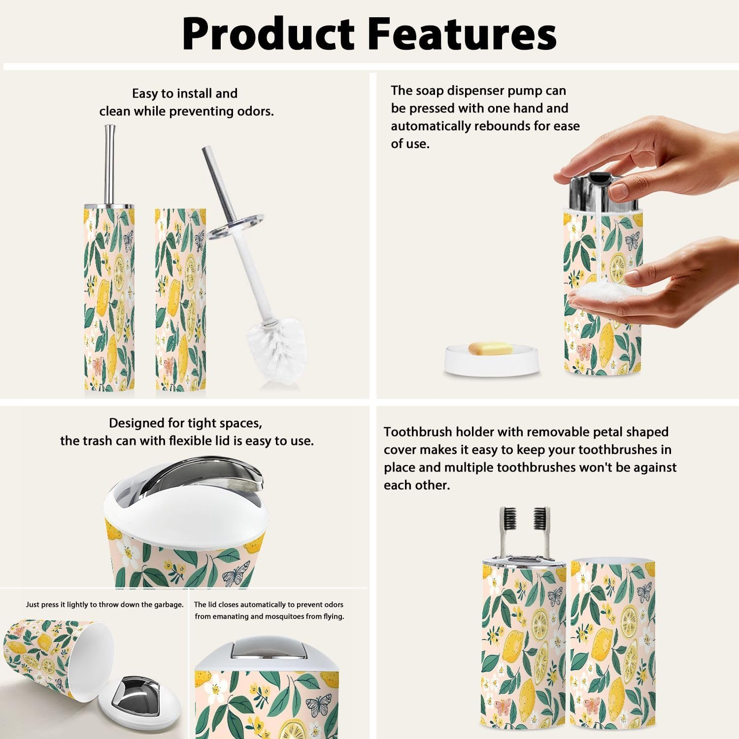 6-Piece Boho Bathroom Accessory Set with Lemons Flowers and Butterflies Design