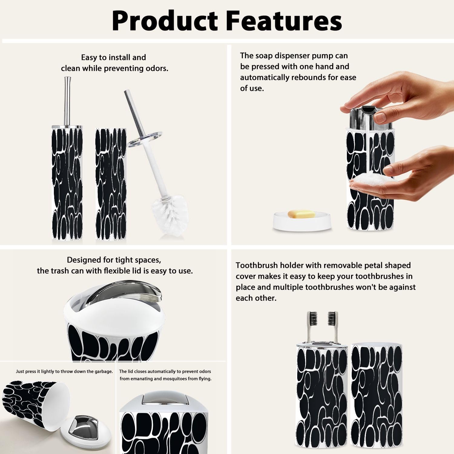 Boho Black White Metaballs Pattern Bathroom Accessory Set 6 Piece