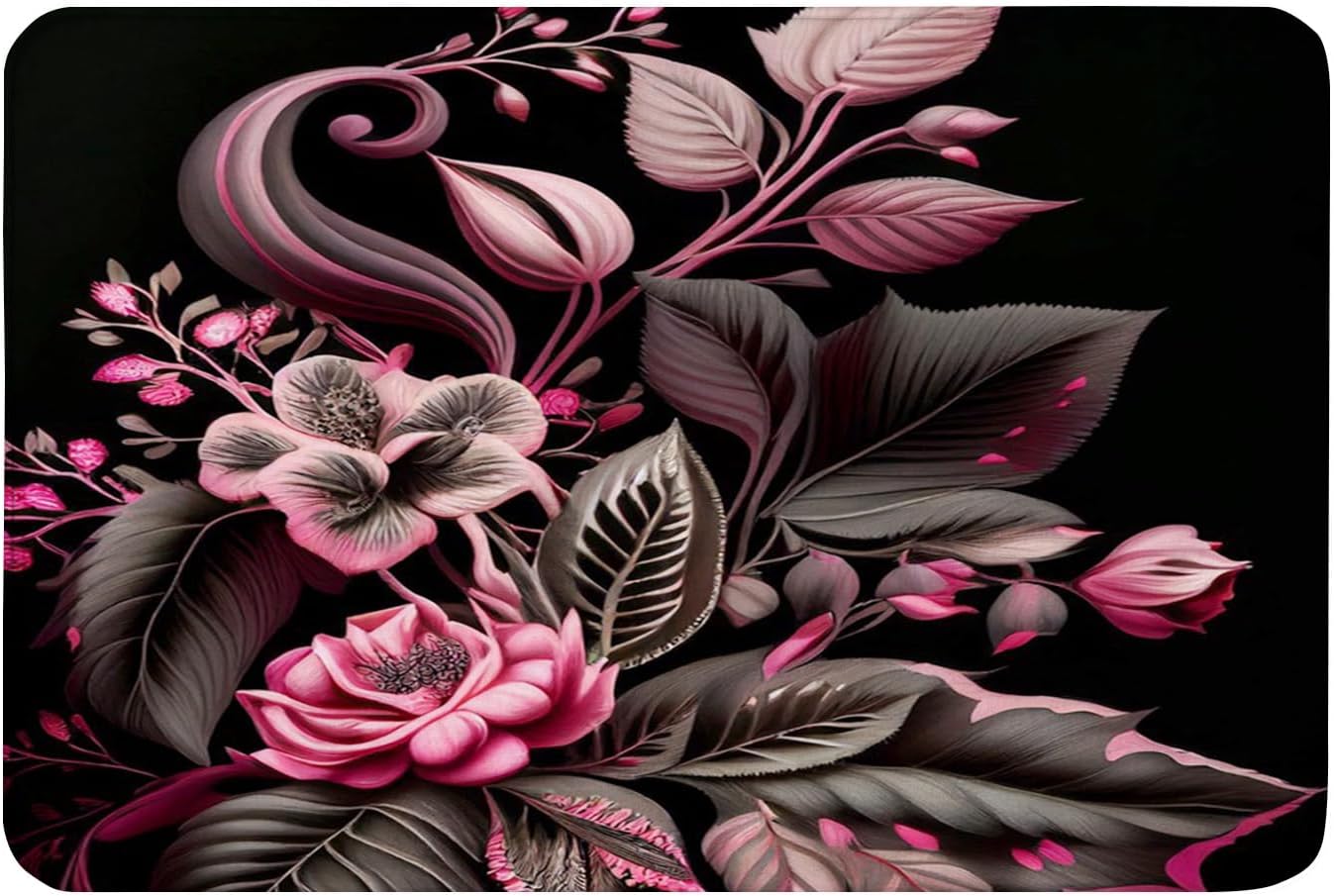 Yioniii Bath Mats 16x24in Non-Slip Black Pink Floral Pattern