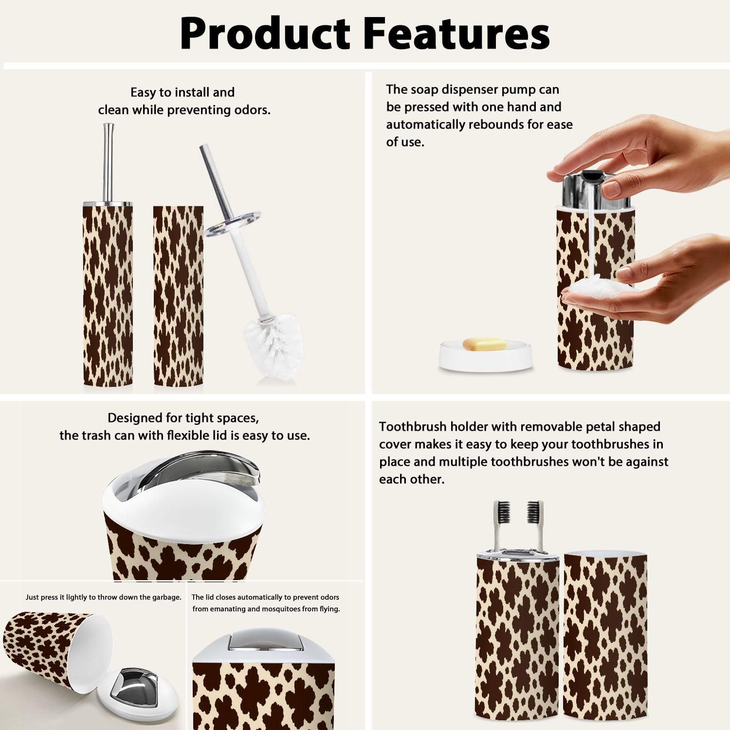 Boho Cow Skin Bathroom Accessory Set 6 Piece 1