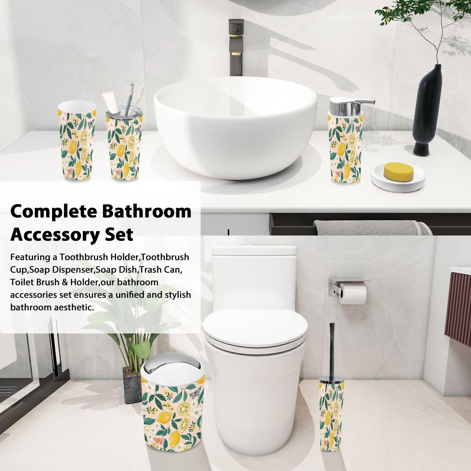 6-Piece Boho Bathroom Accessory Set with Lemons Flowers and Butterflies Design