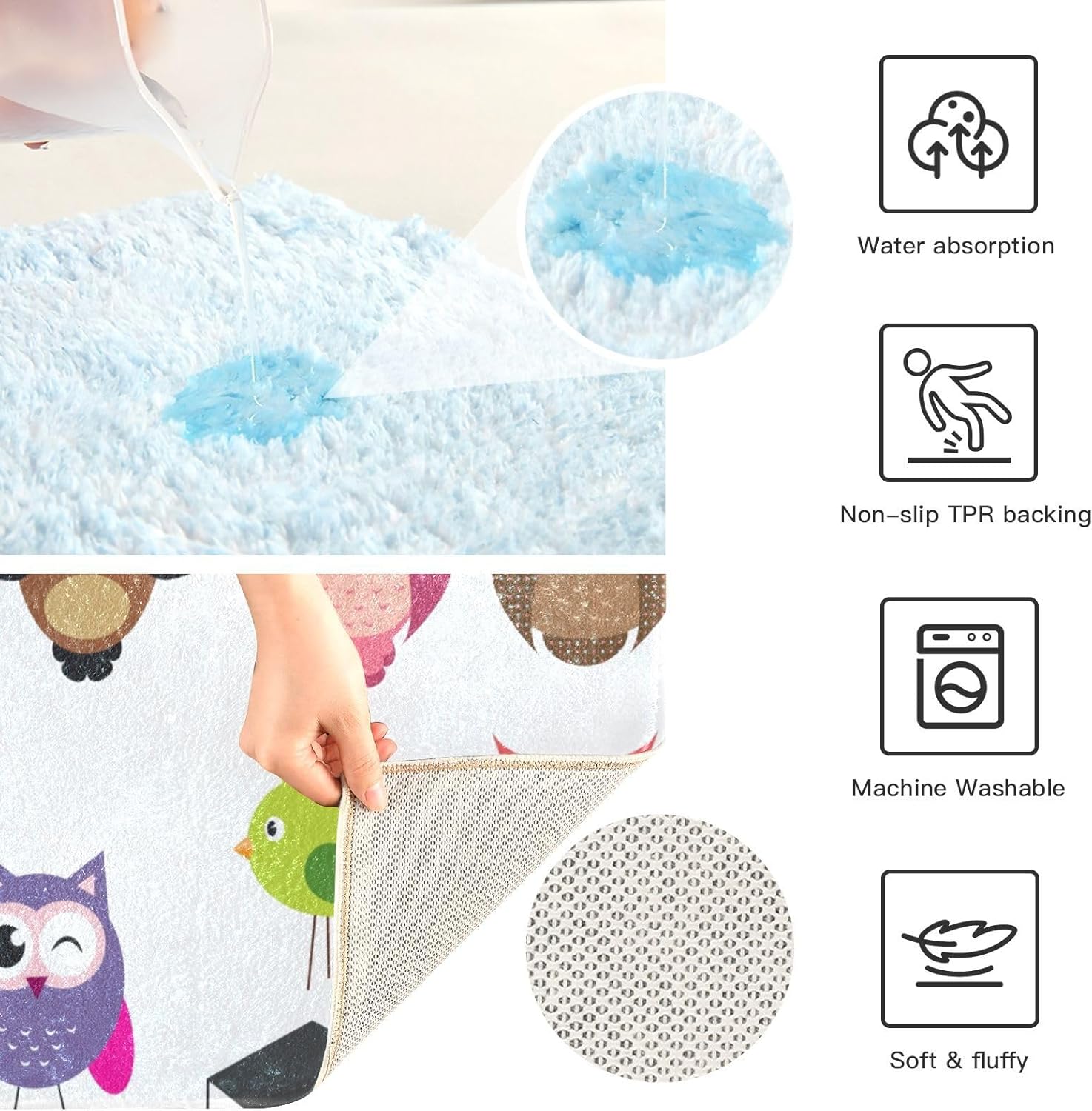 YETTASBIN Cute Owl Bath Mat - Non-Slip Quick Dry Shower Rug 16x24in