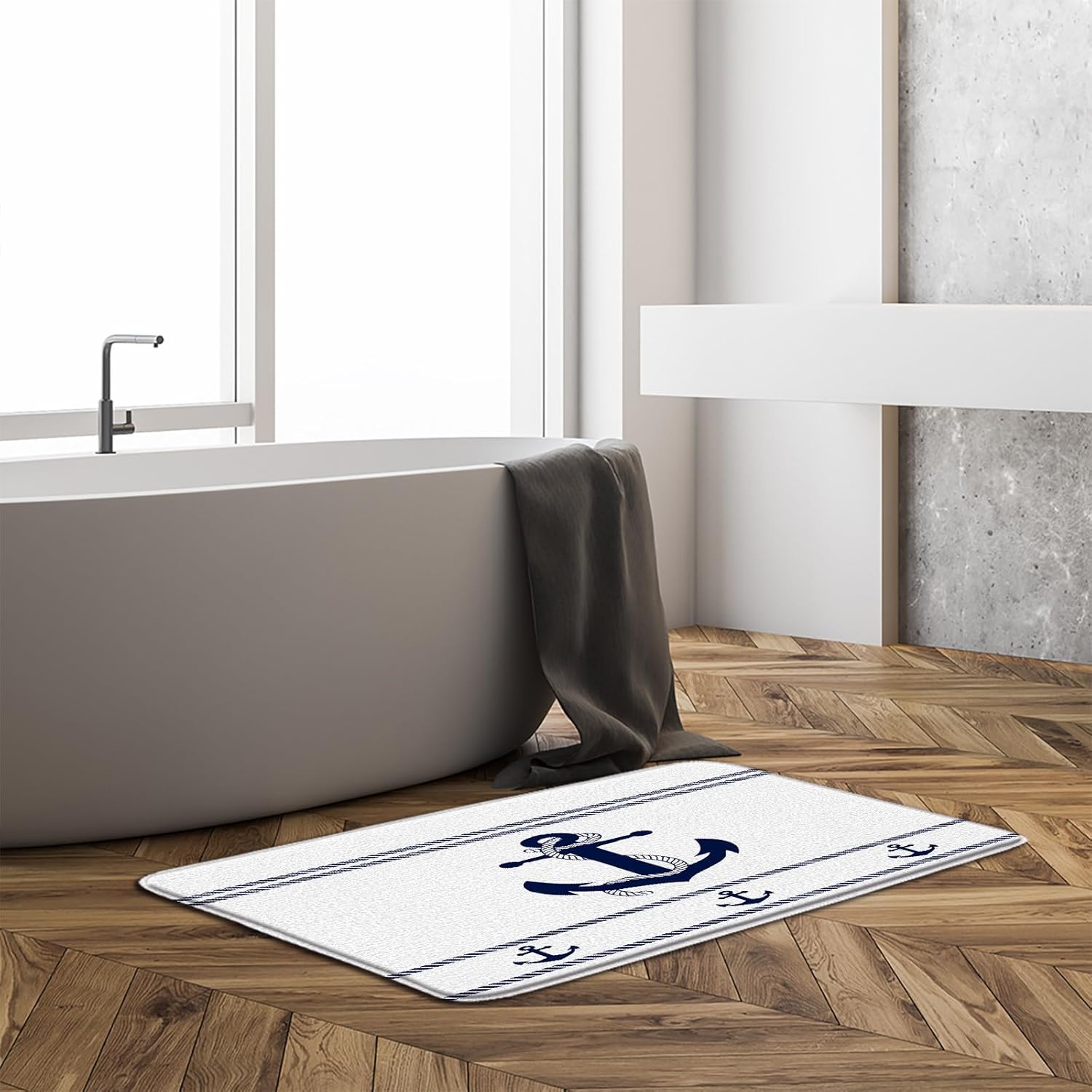 Nautical Anchor Bath Mat Navy Blue White Striped