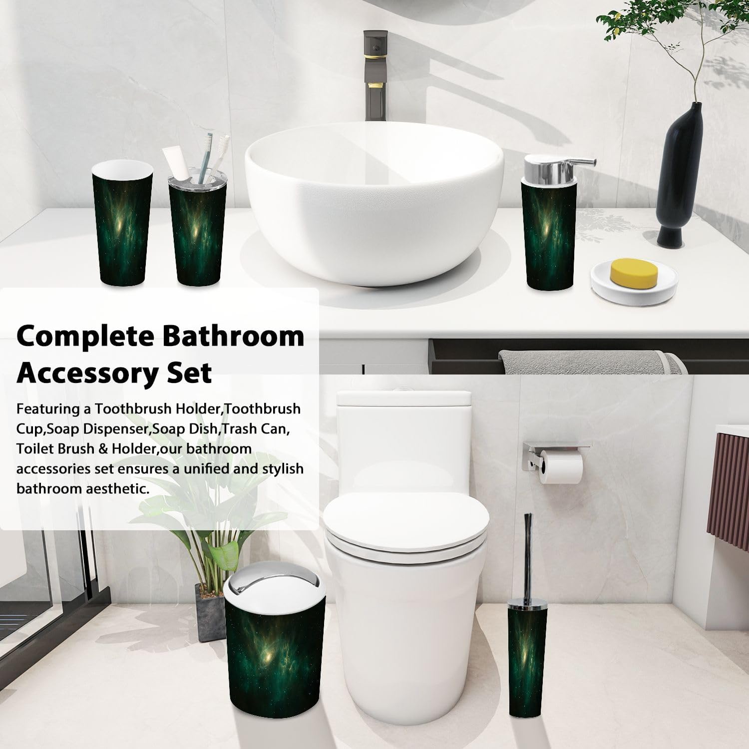 Boho Bathroom Accessory Set with Fractal Nebula Design