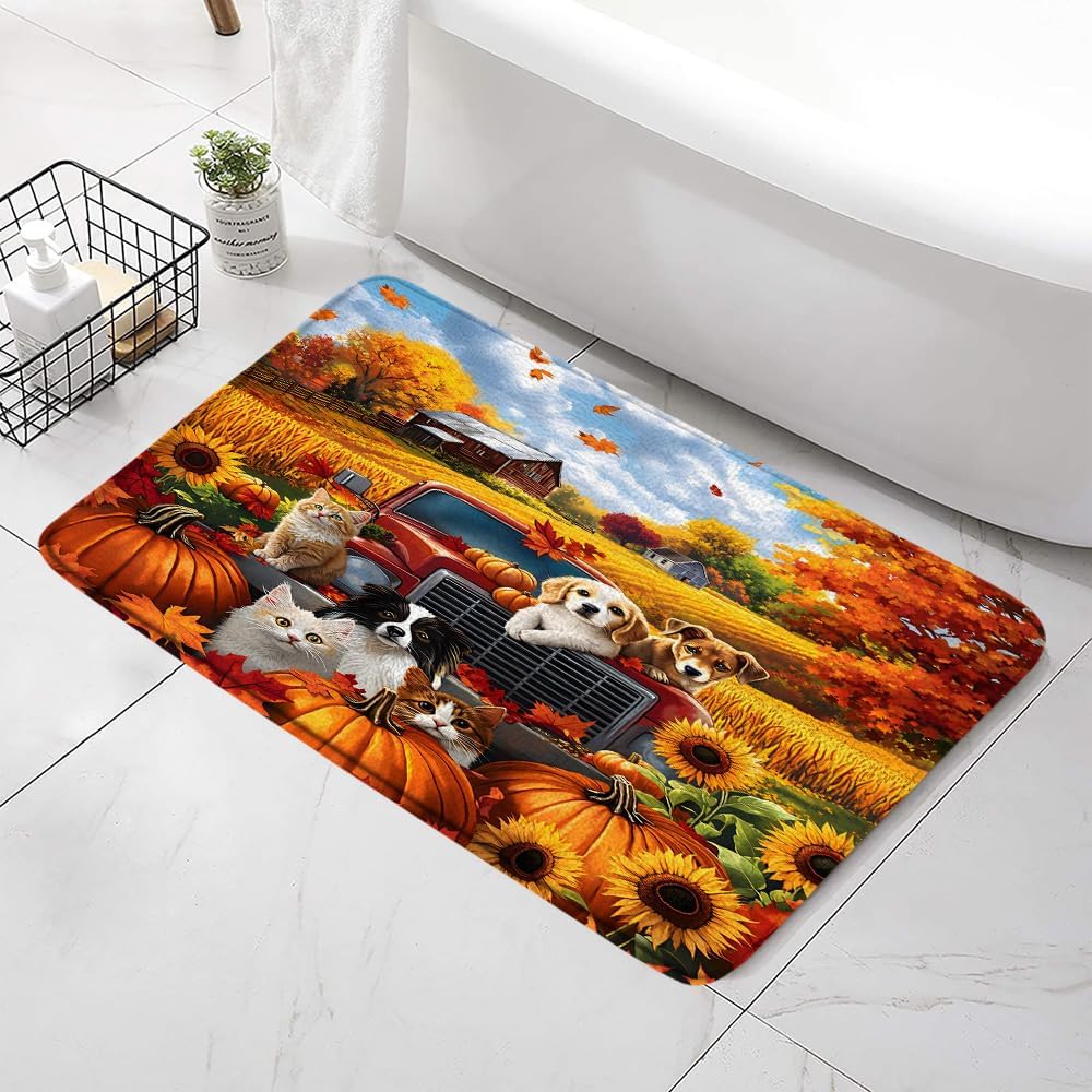 Fall Farm Bath Mat with Non-Slip Backing and Pumpkins Design