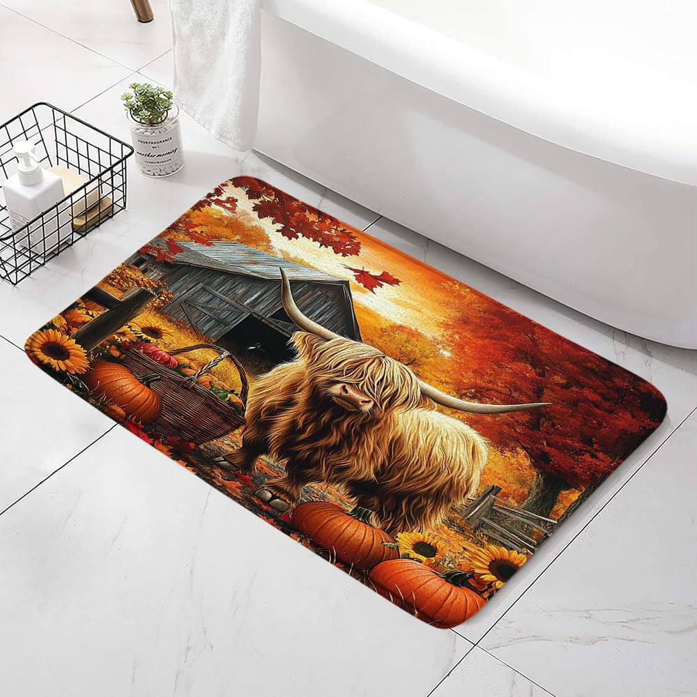 Fall Highland Cow Bath Mat with Pumpkins Sunflowers