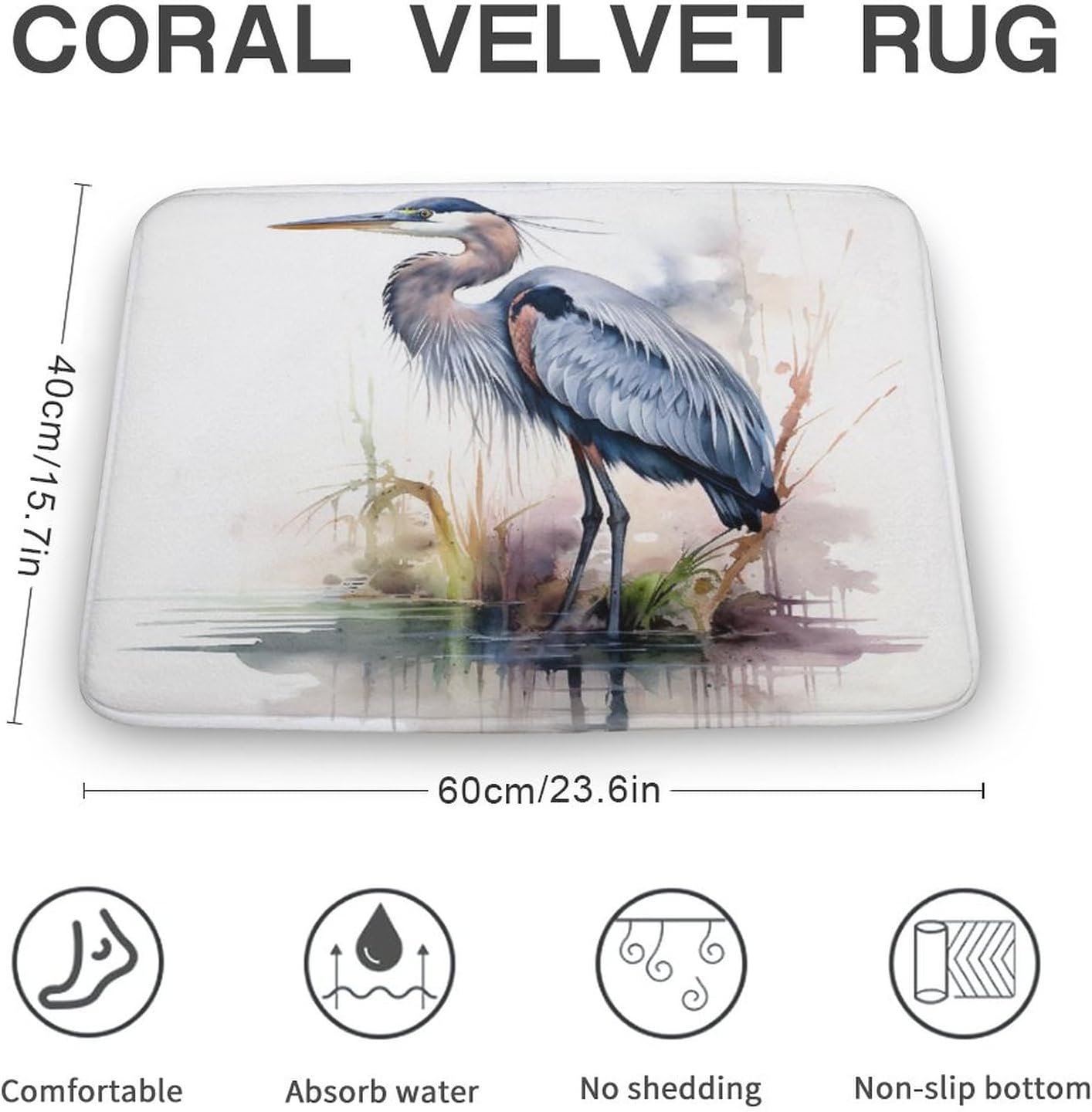 HighonHi Blue Heron Bath Rug 16x24 Non-Slip Absorbent Carpet
