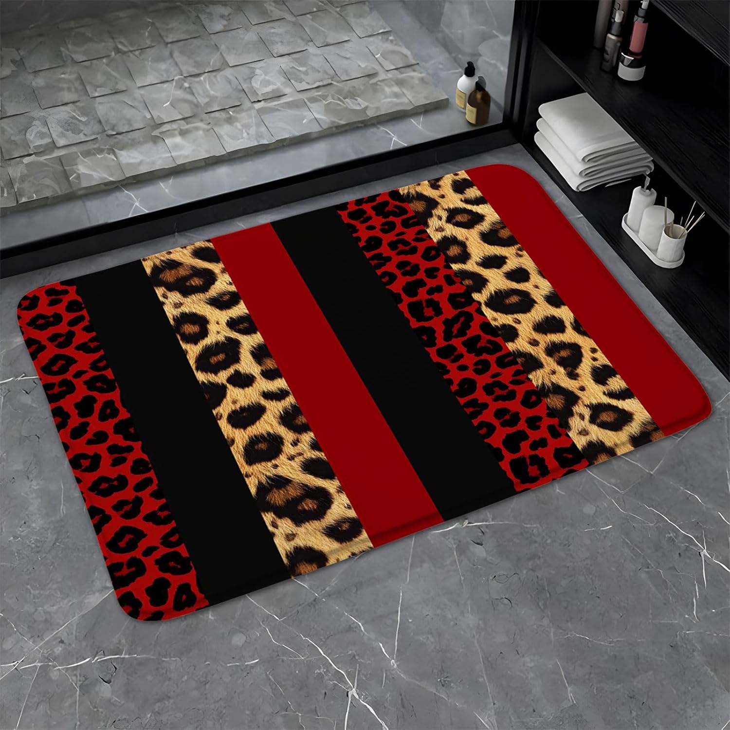 Red Leopard Print Bath Rug with Anti-Slip Backing 1