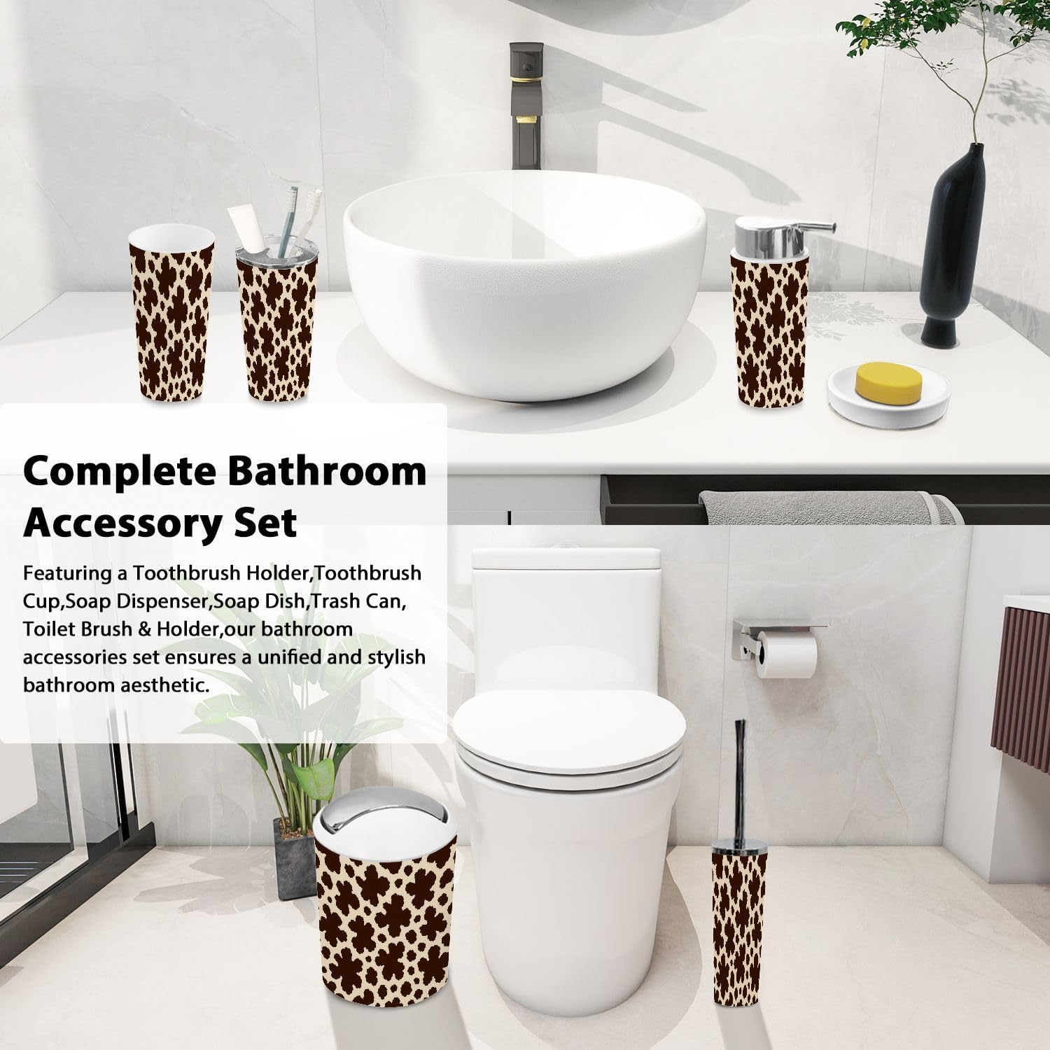 Boho Cow Skin Bathroom Accessory Set 6 Piece 1