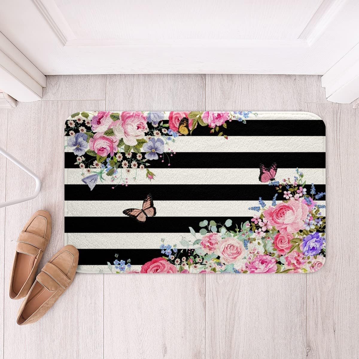 Pink Floral Bath Rug with Black White Stripes Pattern