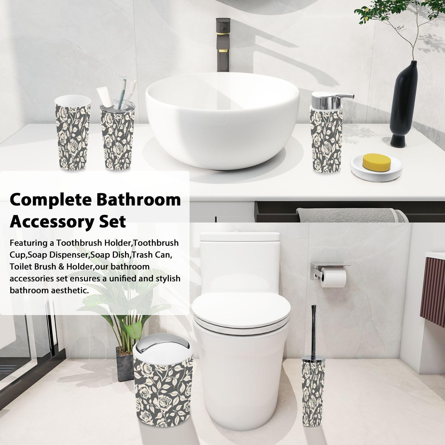 Boho Leaf Pattern Bathroom 6 Piece Accessory Set