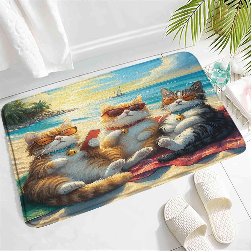 Funny Beach Cat Bath Mat - Non-Slip Tropical Rug
