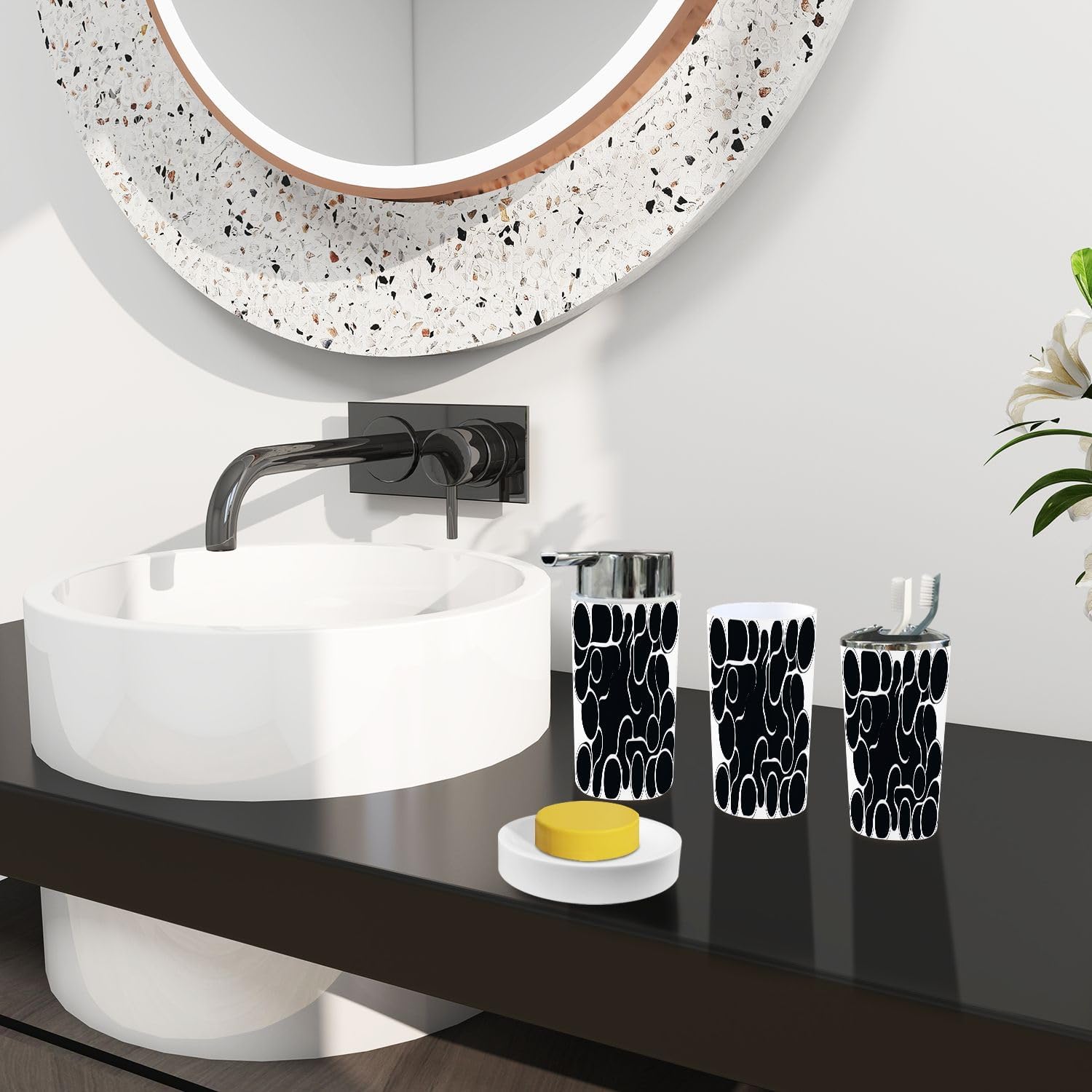 Boho Black White Metaballs Pattern Bathroom Accessory Set 6 Piece