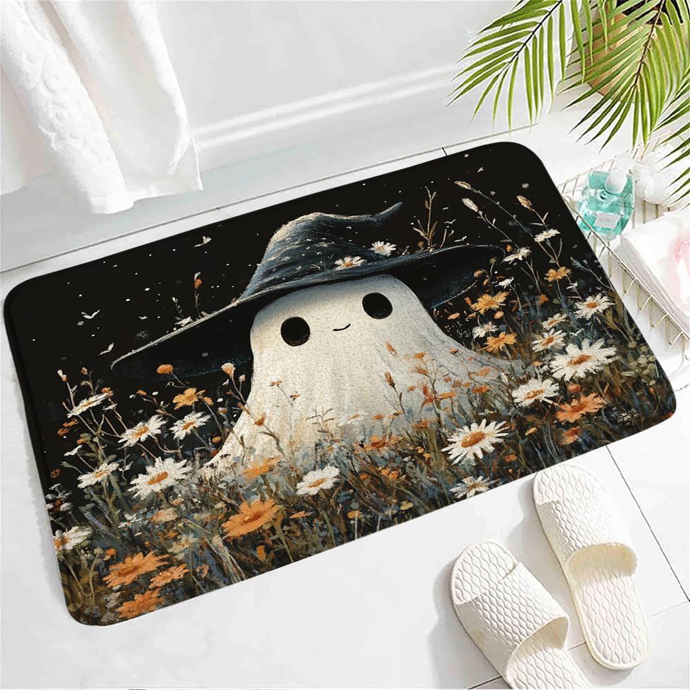 Spooky Halloween Bath Mat with Witch Hat and Wildflowers