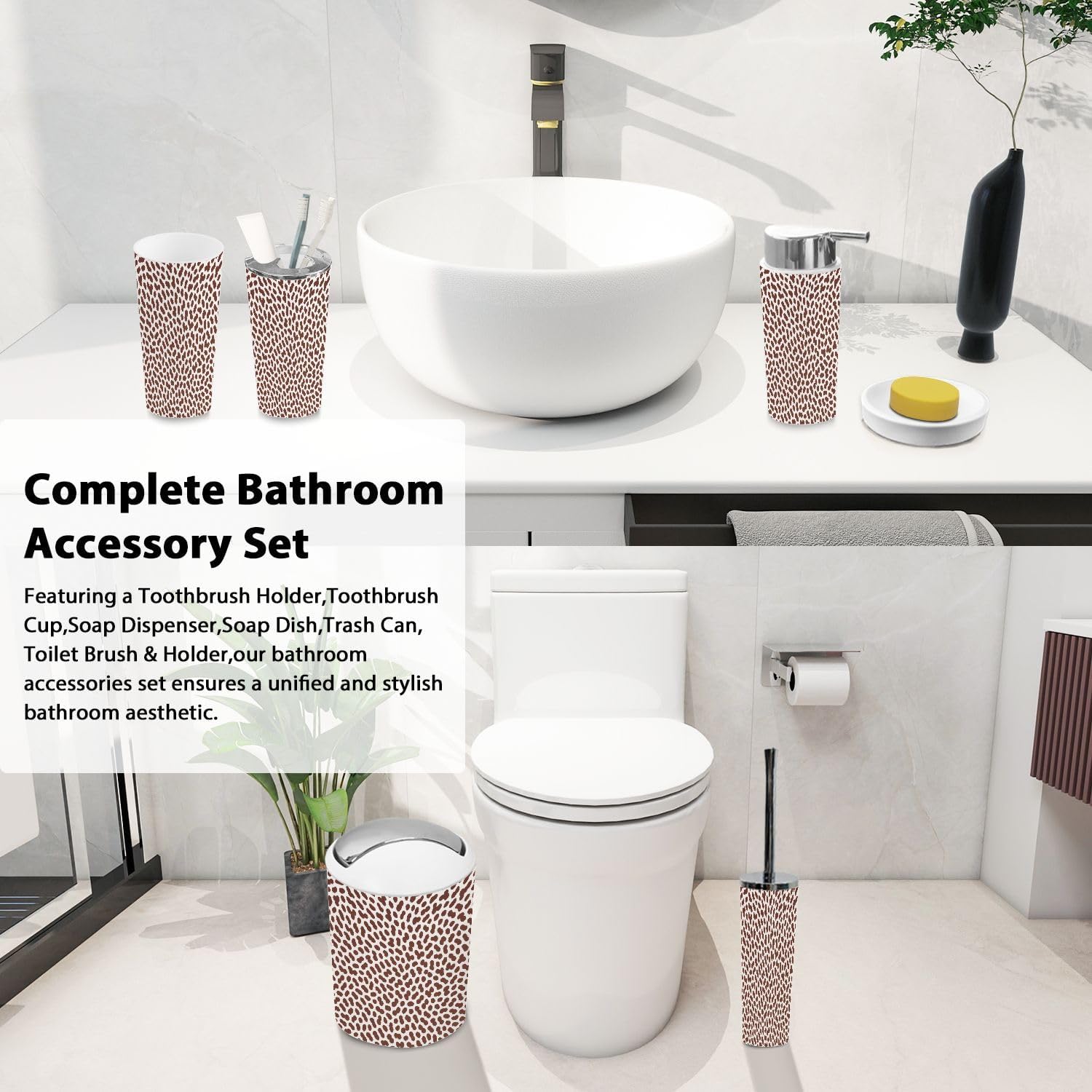 Boho Leopard Print Bathroom Accessory Set 6 Piece