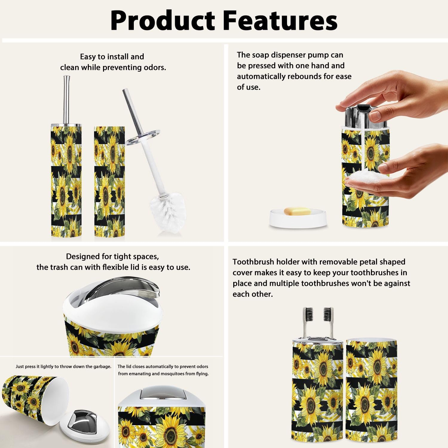 TRANQDEHOM 6-Piece Bathroom Accessory Set with Sunflowers Design