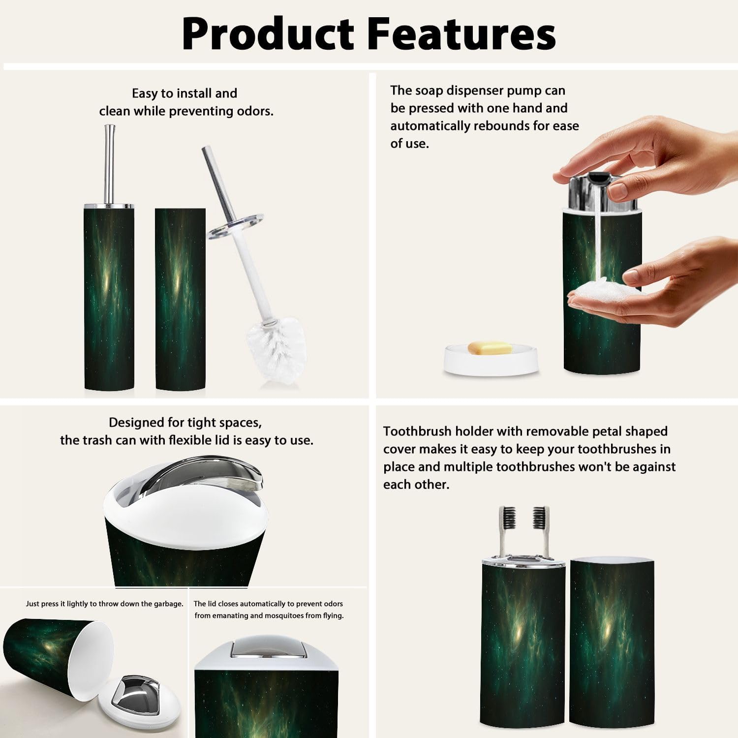 Boho Bathroom Accessory Set with Fractal Nebula Design
