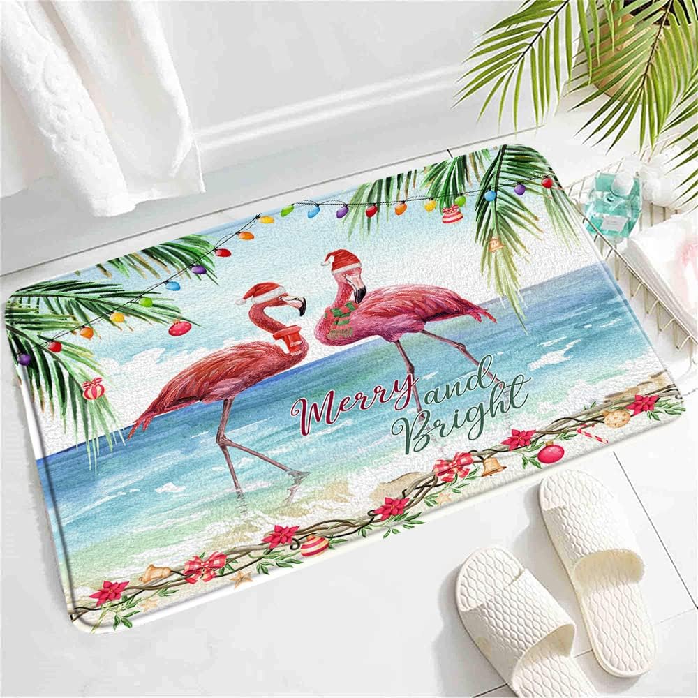 SATRTUD Pink Christmas Flamingo Bath Mat