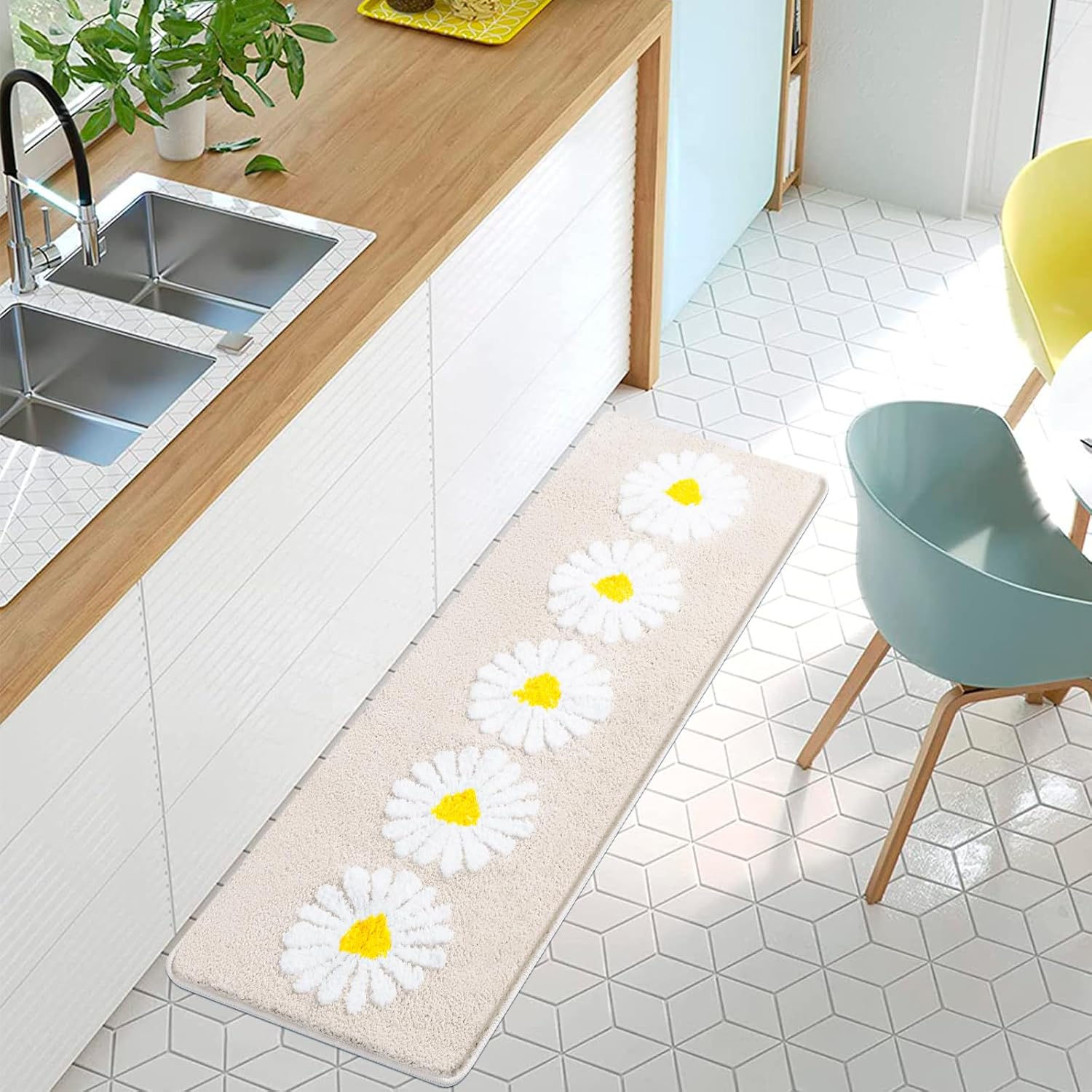 Beige Flower Bath Rug 3D Shaggy Non-Slip Mat 18x26 Inches
