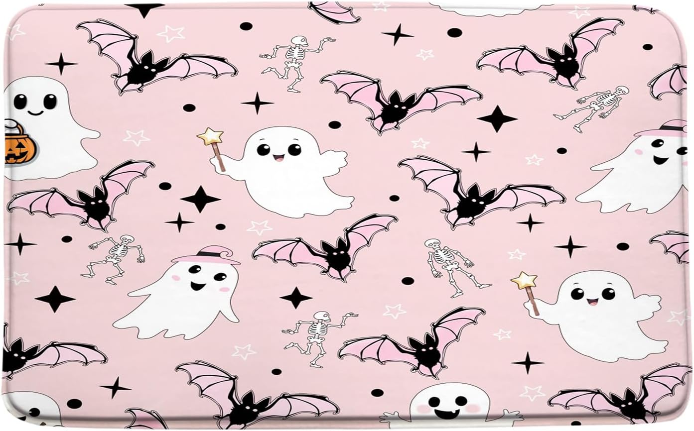 Spooky Bath Mat with Cute Ghosts and Bats Design