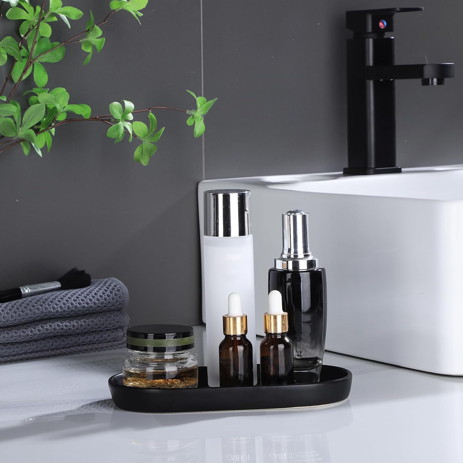Eyrozia 2 Pack Matte Black Soap Dispenser Tray - 8 Ceramic Vanity Organizer Set