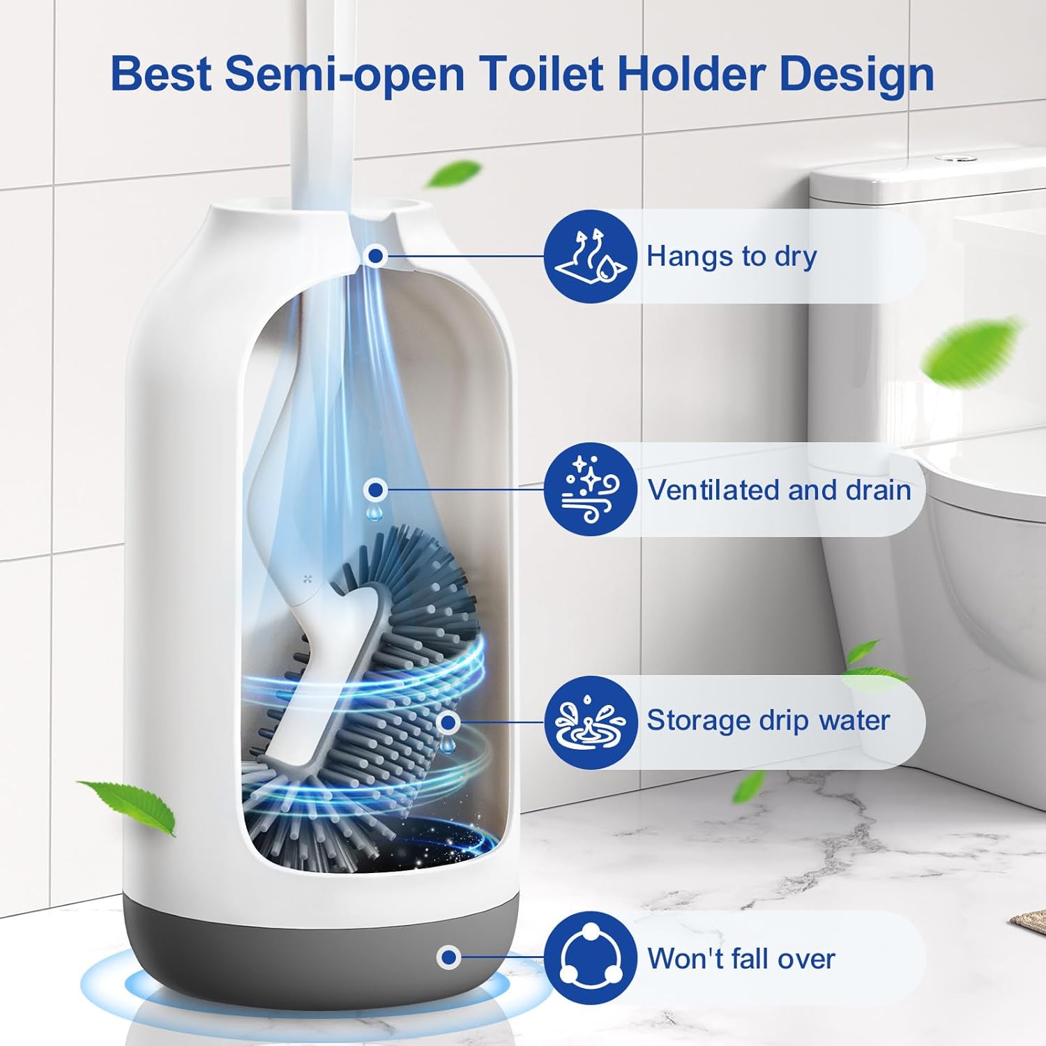 HAMITOR Toilet Brush Holder Set with Curved Bristle and Silicone Head