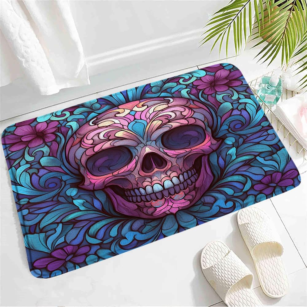 Gothic Skull Bath Mat with Pink Blue Floral Design