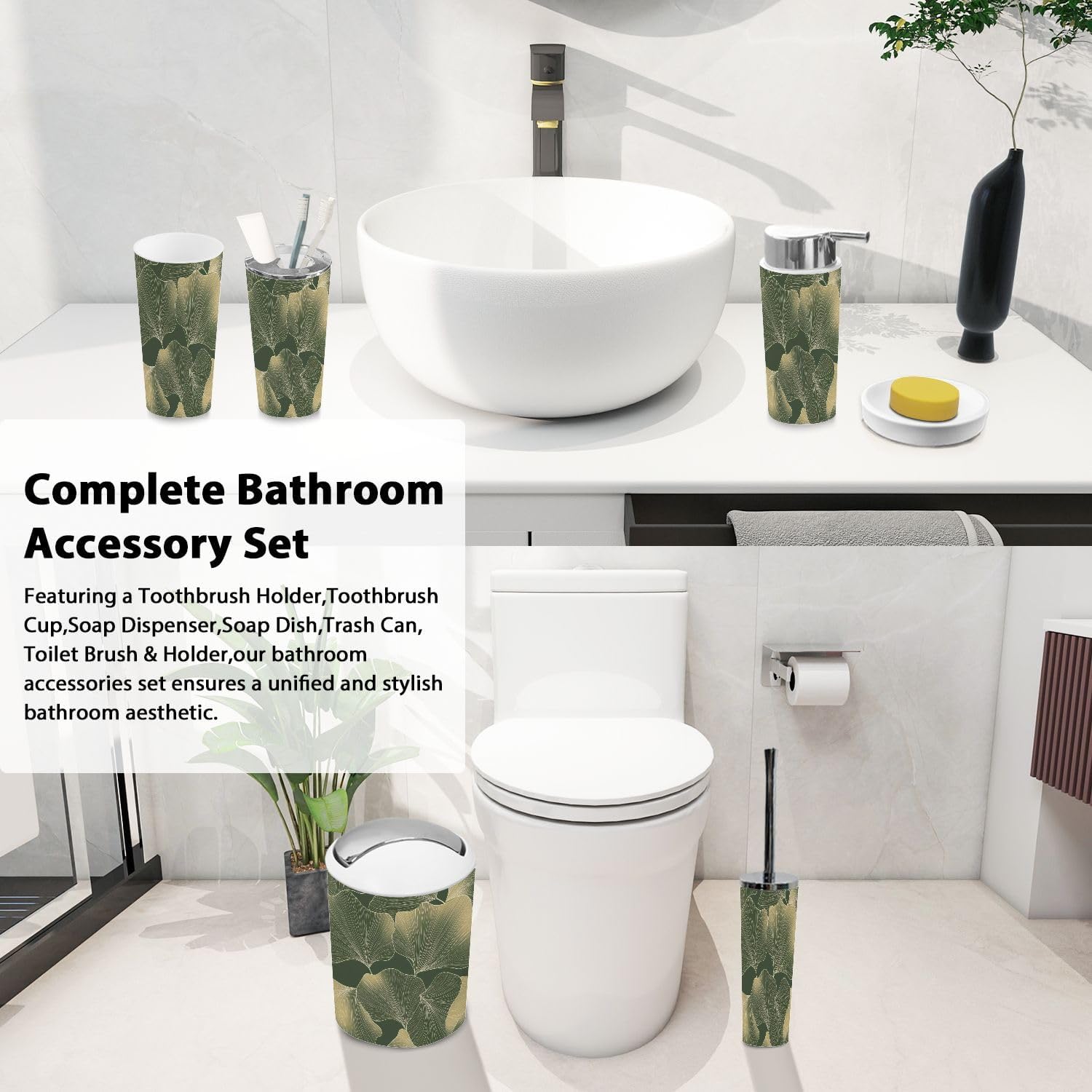TRANQDEHOM 6-Piece Boho Foliage Bathroom Accessory Set
