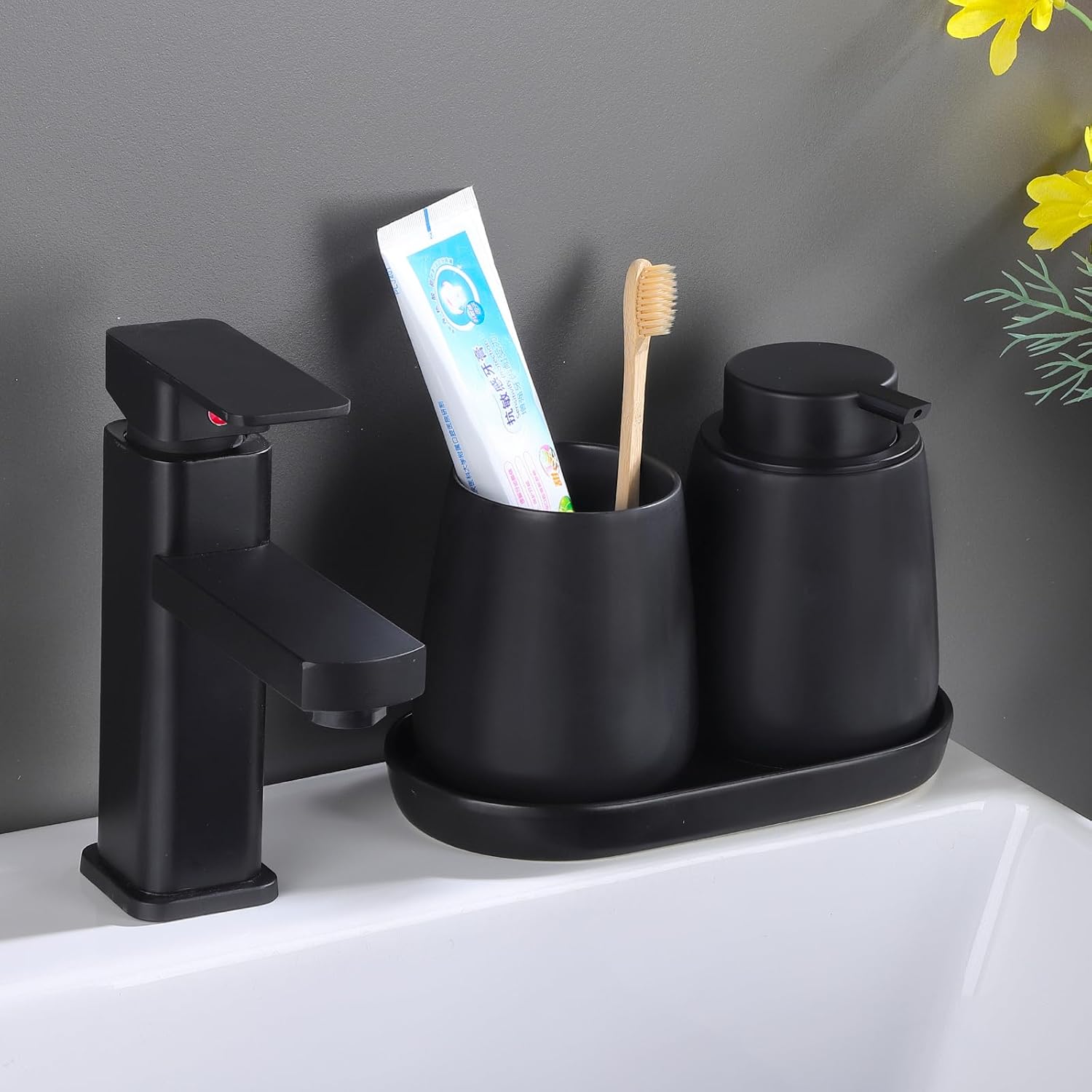 Eyrozia 2 Pack Matte Black Soap Dispenser Tray - 8 Ceramic Vanity Organizer Set