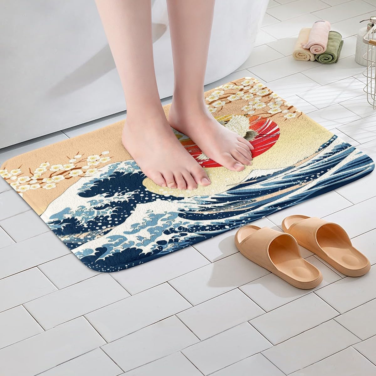 Feelyou Japanese Wave Bath Rug 20x32 Cherry Blossom Design