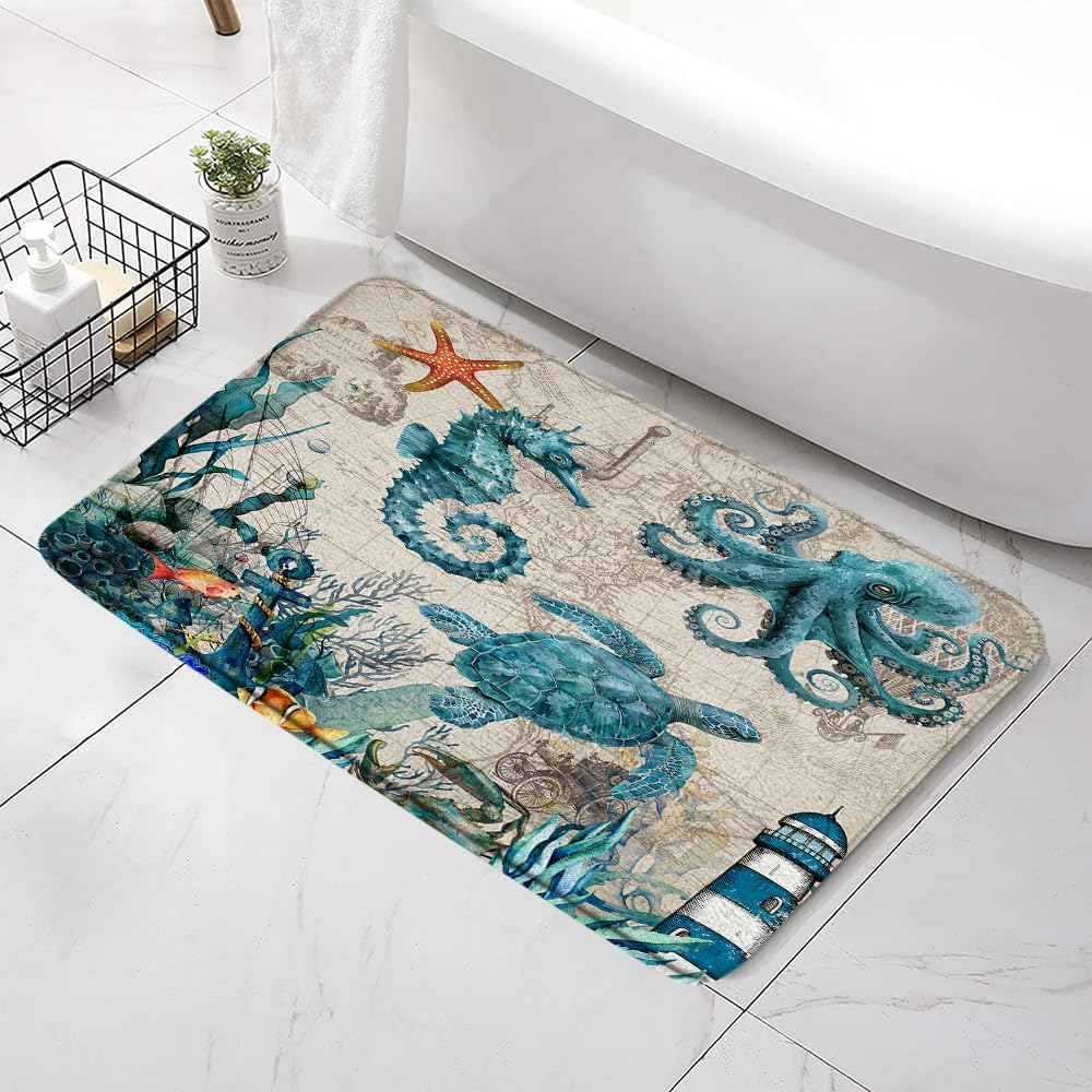 Nautical Turtle Bath Mat - Non-Slip Waterproof 24x16 Inch