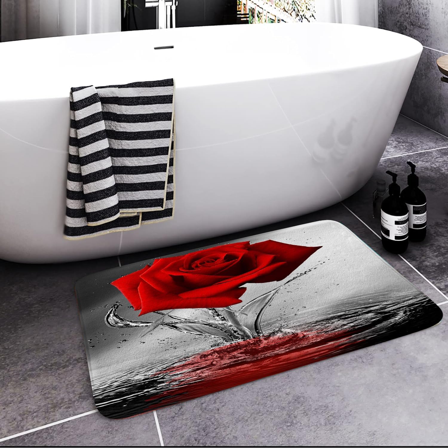 JAWO Red Rose Bath Mat Non-Slip Black Flannel 17x29