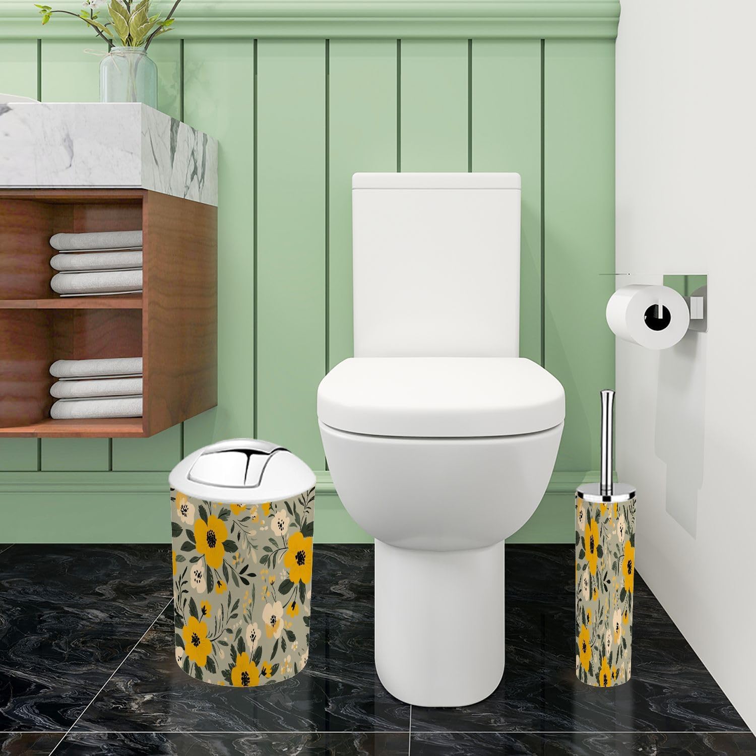 Boho Floral Yellow Bathroom Accessory Set 6 Piece