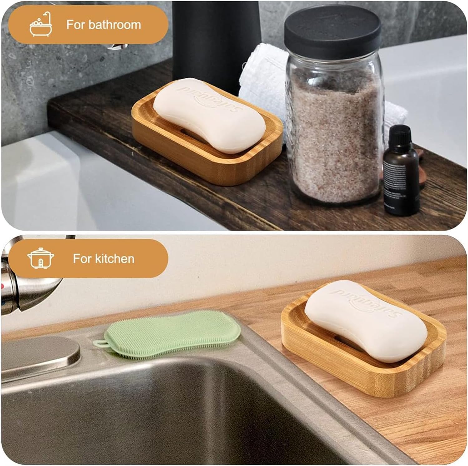 Eco-Friendly Bamboo Soap Dish Holder - 2-Pack for Bath Kitchen