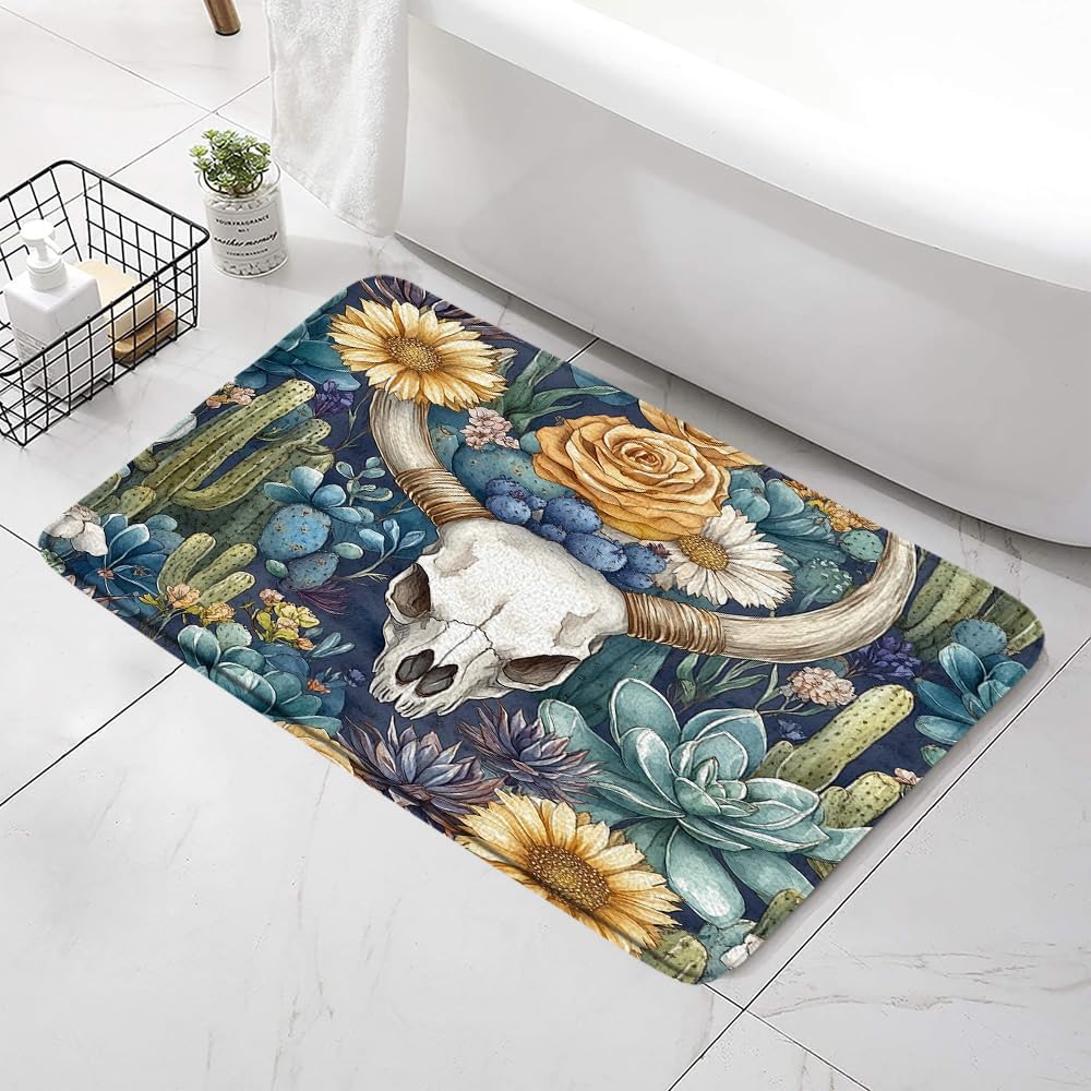 Western Bull Skull Bath Mat with Non-Slip Backing