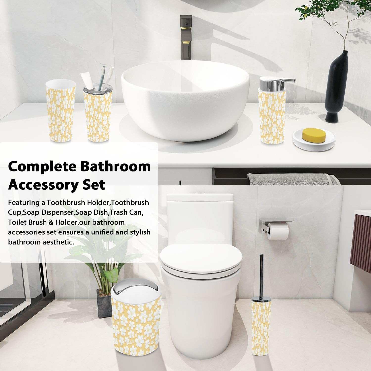 Boho Retro Flower Bathroom Accessory Set 6 Piece