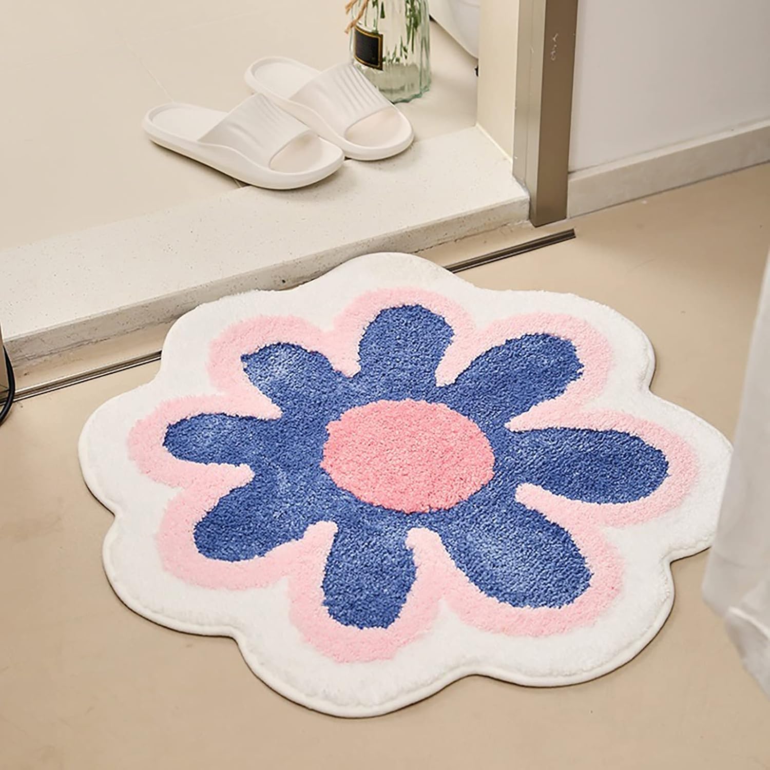 Cute Daisy Bath Mat Rug - Non Slip Absorbent Washable Blue