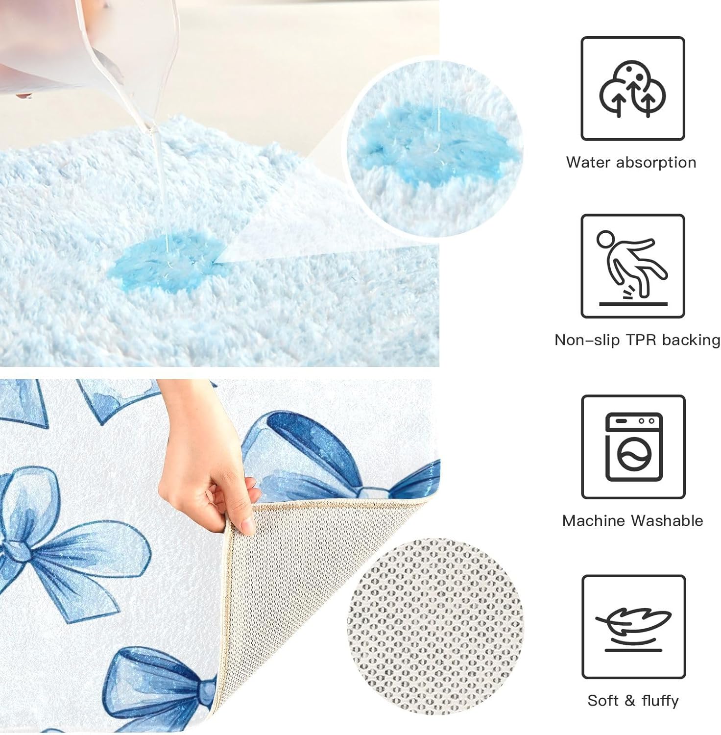 YETTASBIN Blue Bow Rectangle Bath Mat Set 1