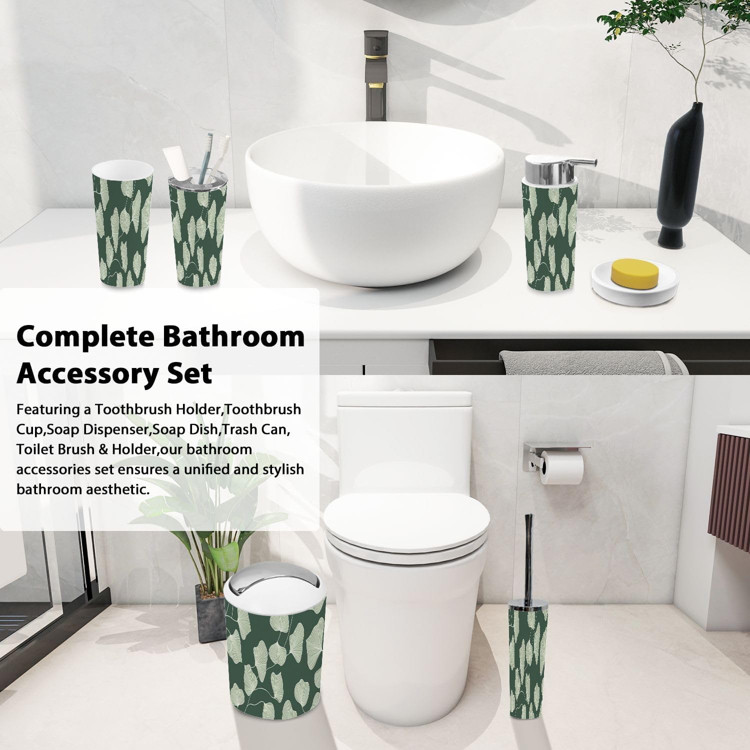 Boho Tropical Leaf Bathroom Accessory Set 6 Piece