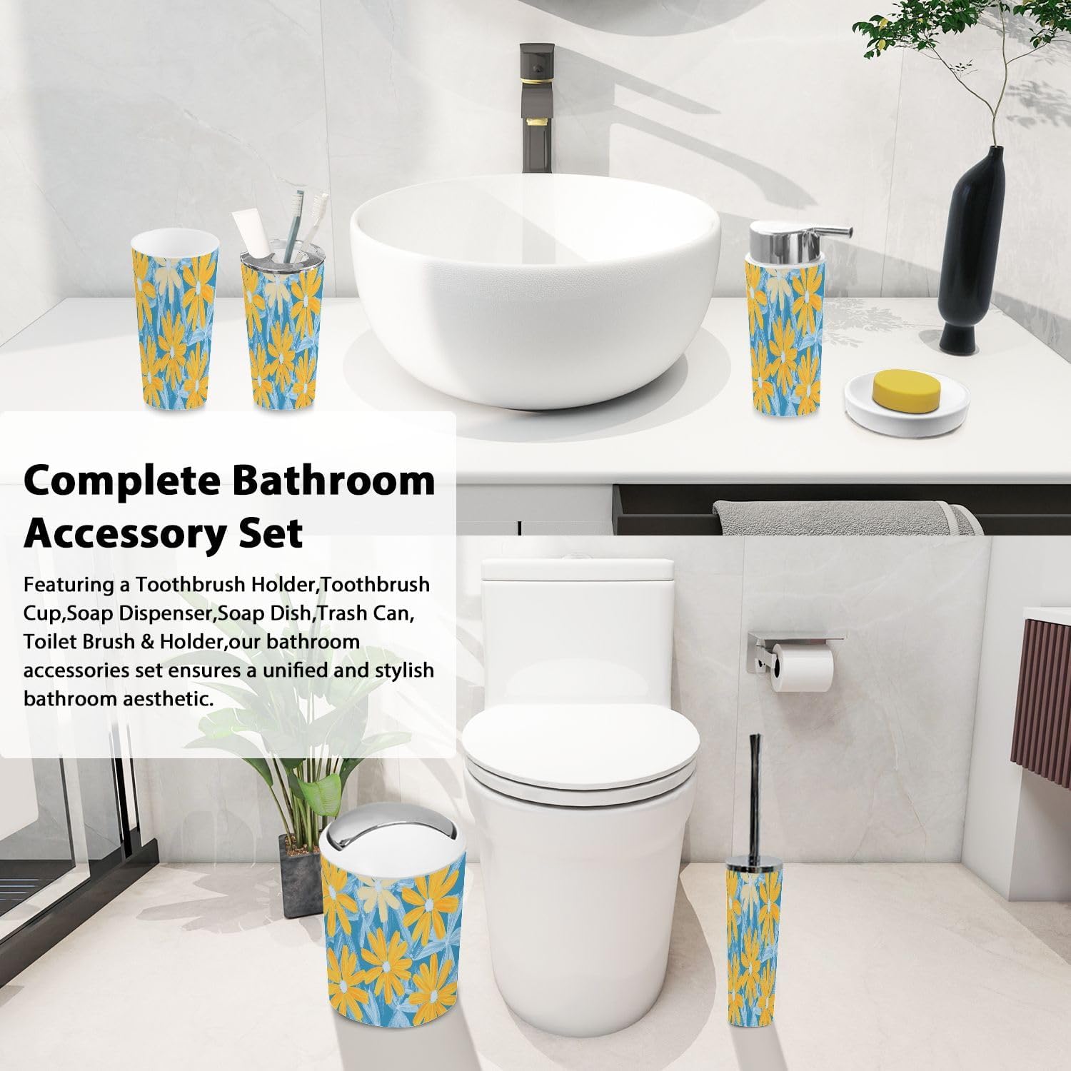 Boho Floral Bathroom Accessory Set 6 Piece