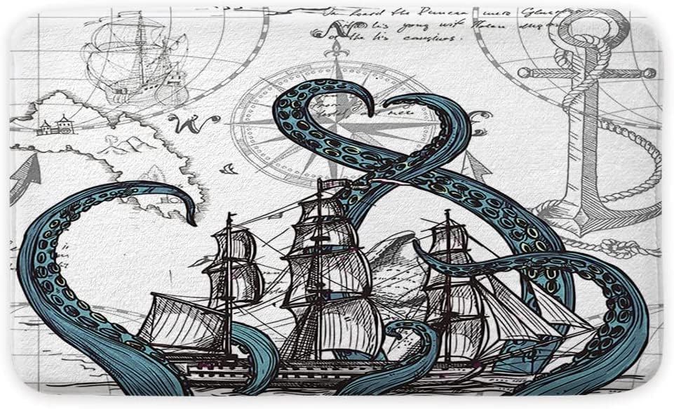 Nautical Bath Mat with Kraken Octopus Design