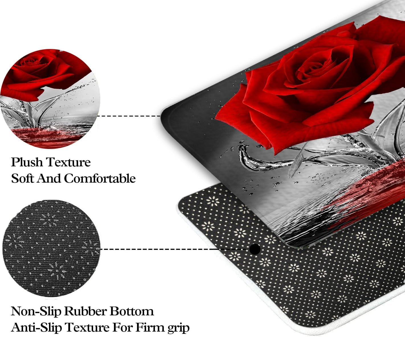 JAWO Red Rose Bath Mat Non-Slip Black Flannel 17x29
