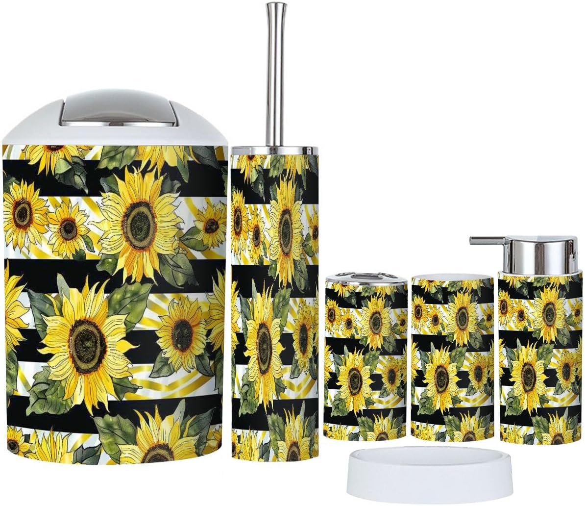 TRANQDEHOM 6-Piece Bathroom Accessory Set with Sunflowers Design