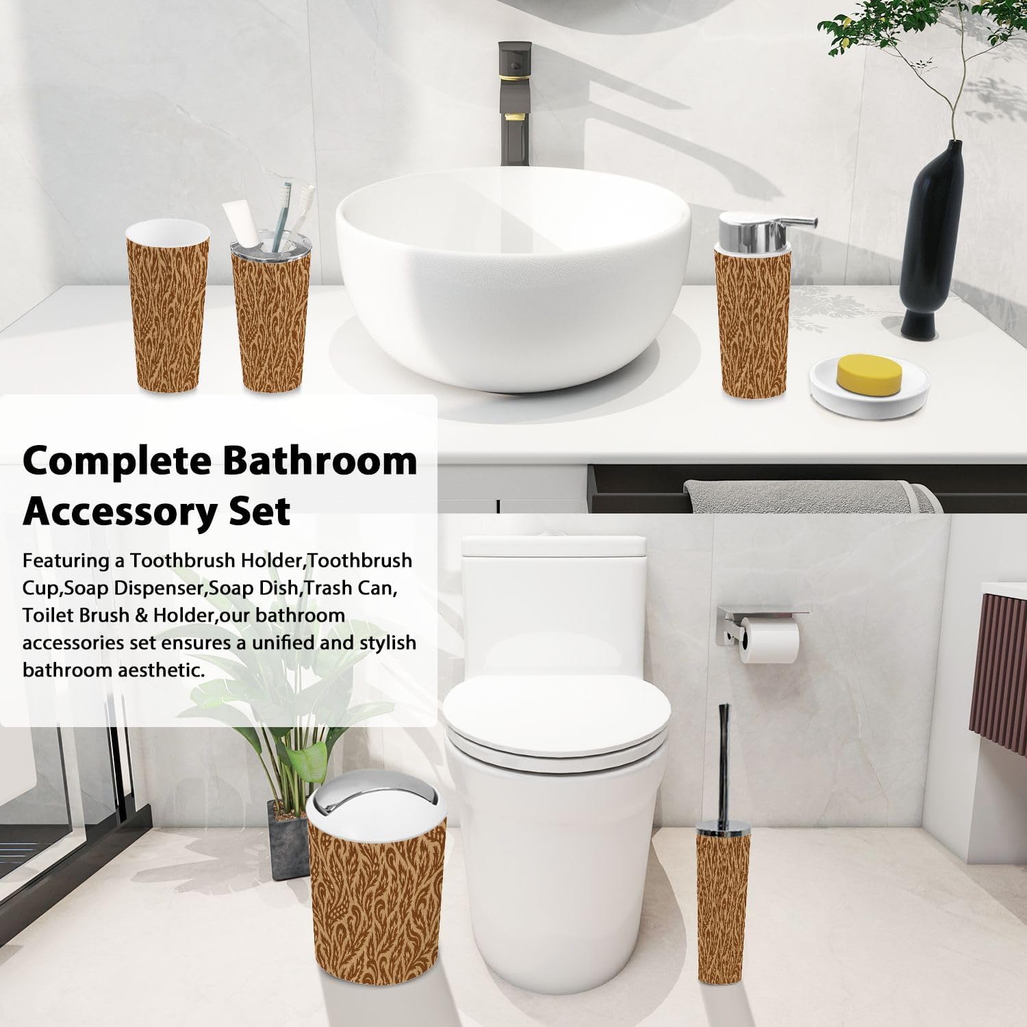 Boho Bathroom Accessory Set 6 Piece Ikat Design