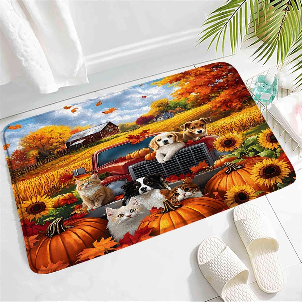Fall Farm Bath Mat with Non-Slip Backing and Pumpkins Design