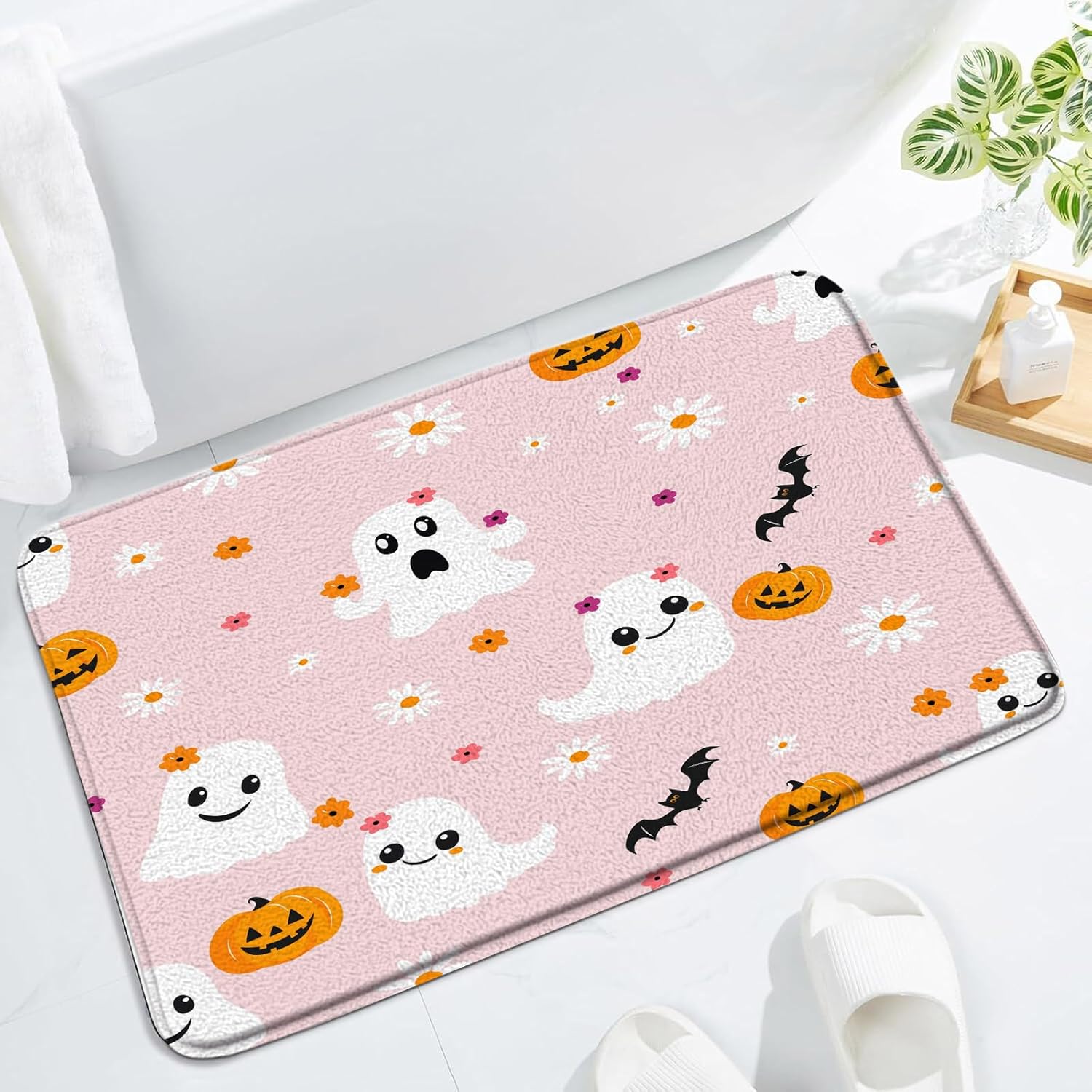 Halloween Ghost Floral Bath Mat Pink Funny Spooky