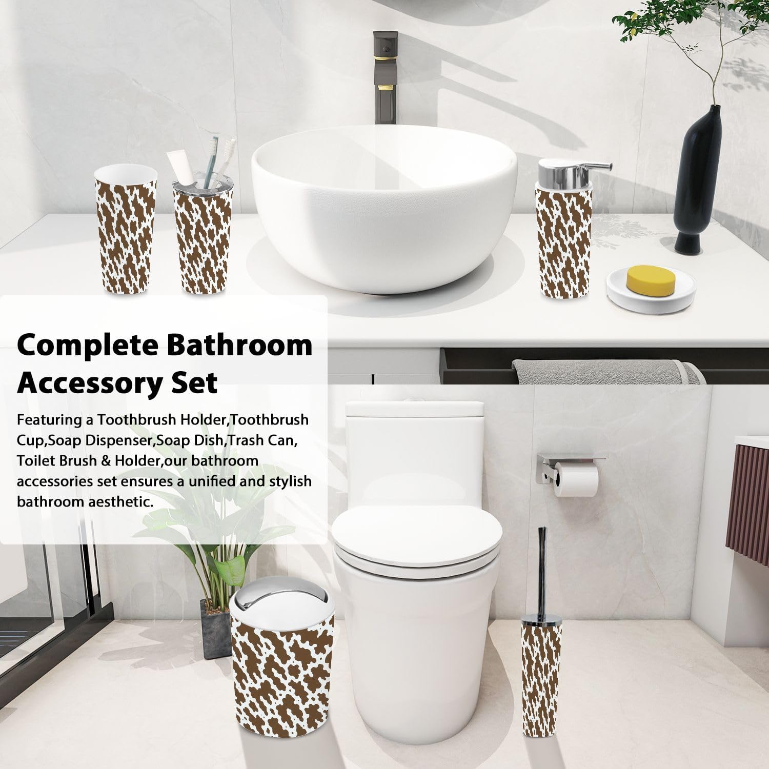 6 Piece Boho Cow Skin Brown Bathroom Accessory Set
